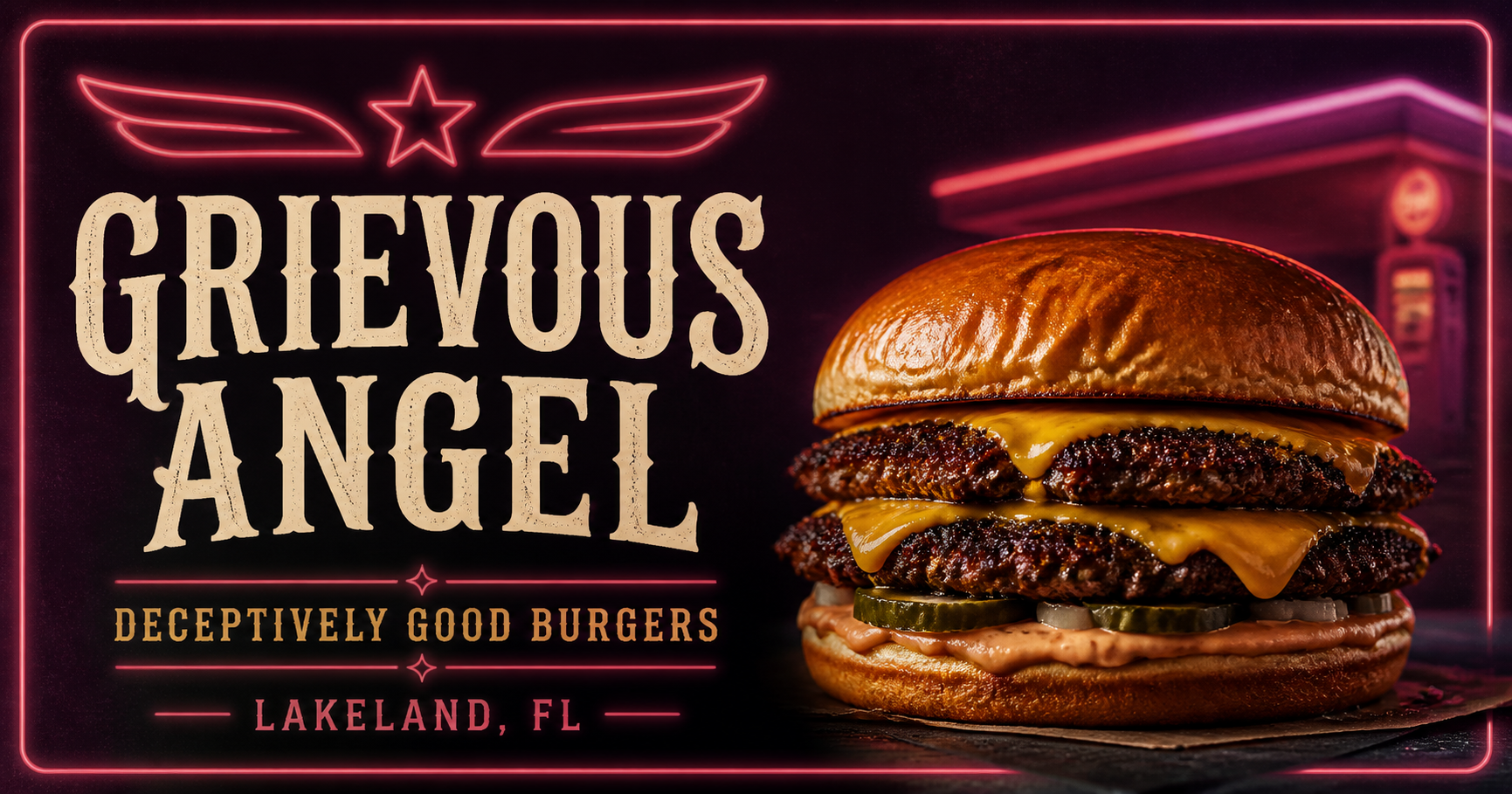 Double smashburger under neon lights